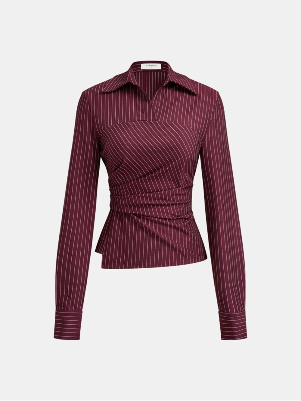 Commense Burgundy Pinstripe Ruched Button-Down Blouse